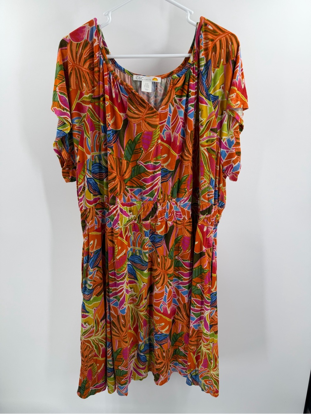 C&C‎ California  Colorful Tropical Palm Leaf Print Short Sleeve Dress Pockets 2X